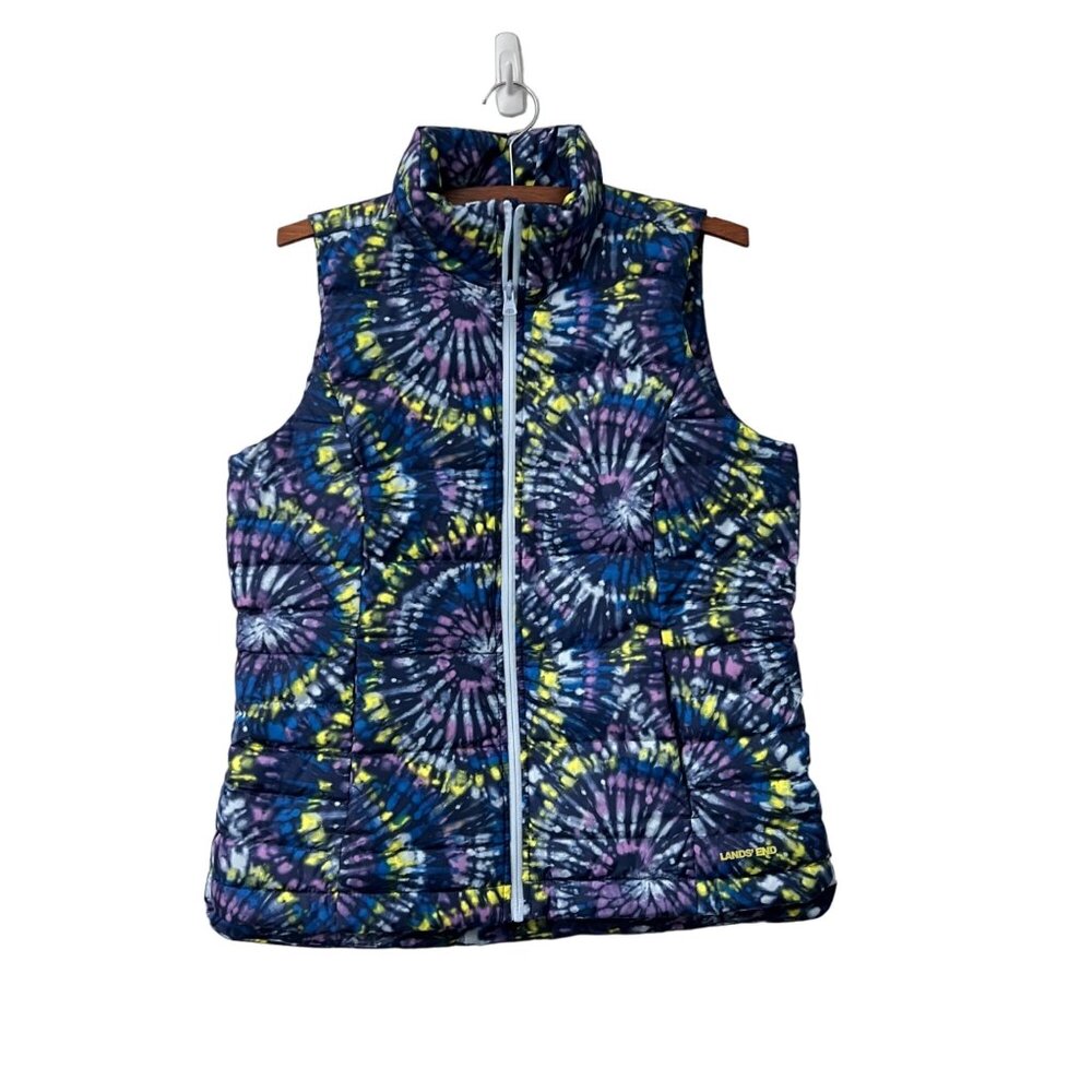 Lands End Womens Tie Dye Down Feather Puffer Full Zip Vest Size Small